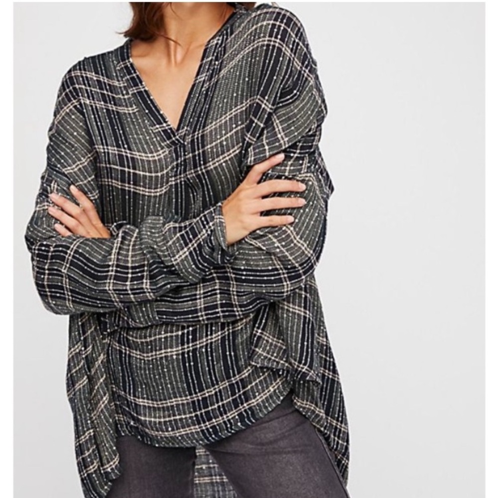 Free People Black and White Plaid Blouse NWOT